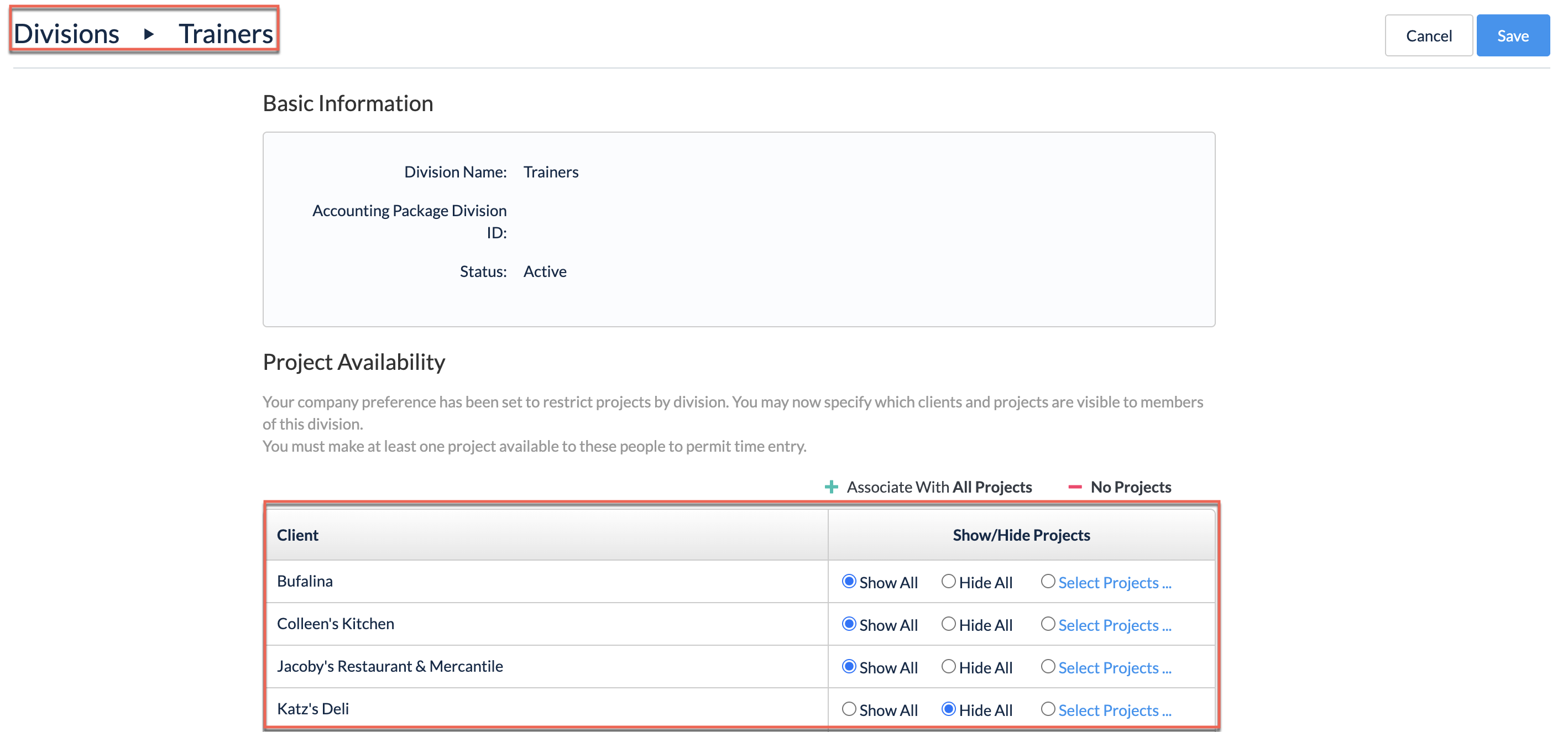 Project visibility by Division - admin setup