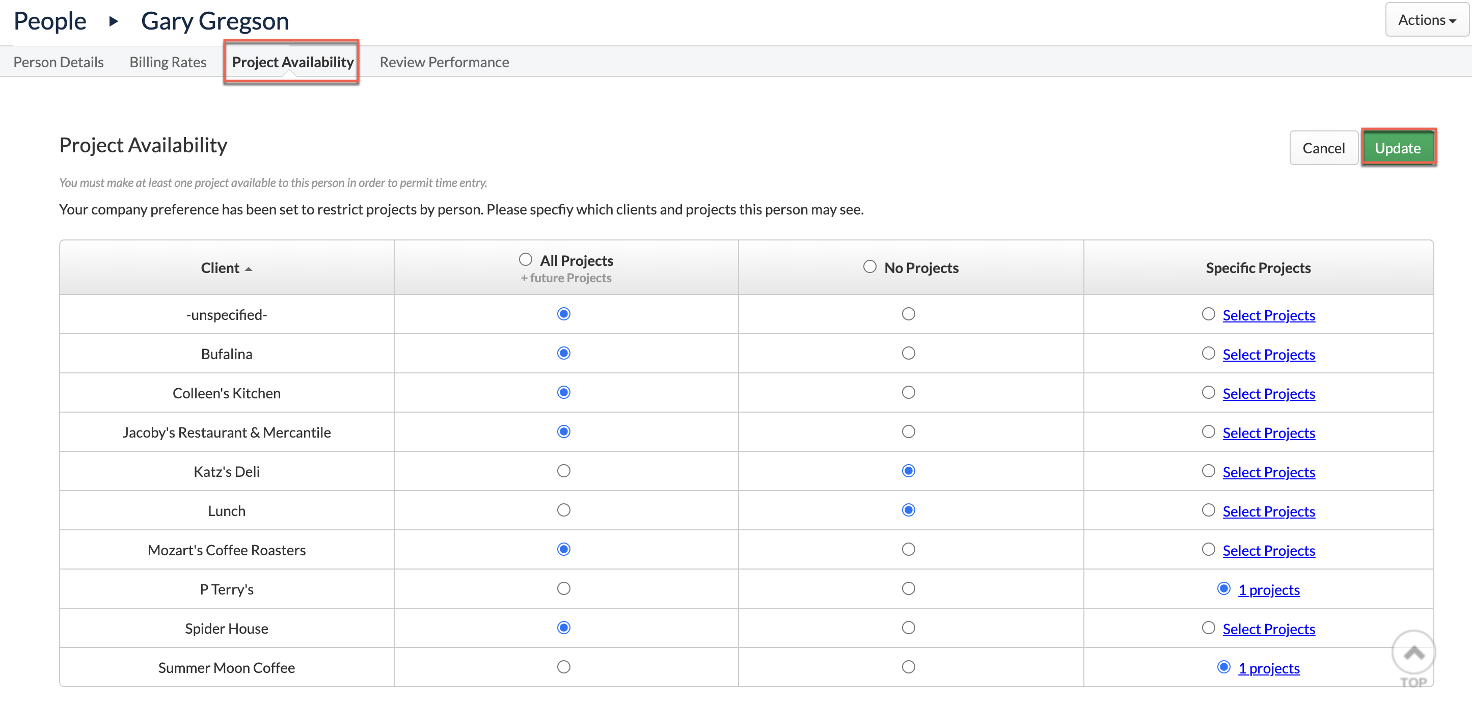Assigning project access by person - example 1