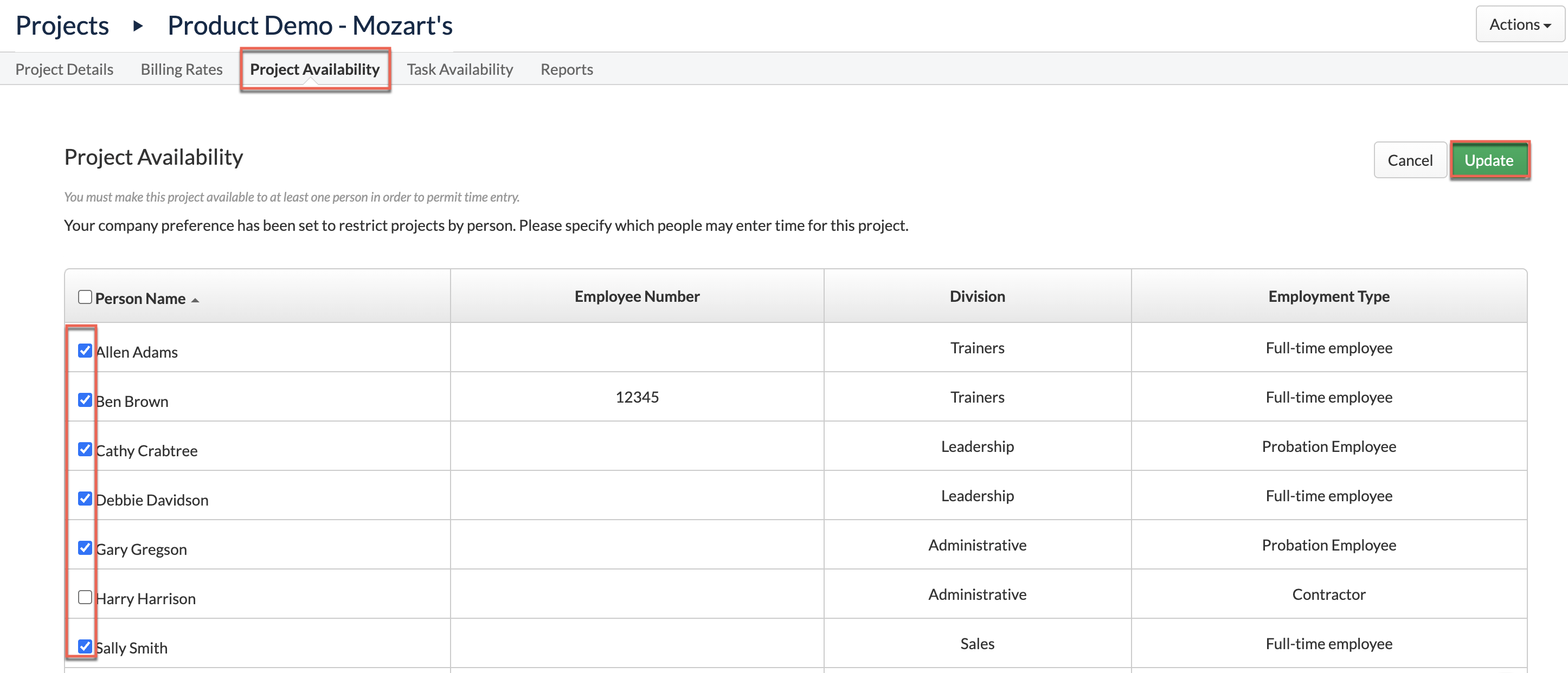 Assigning project access by person - example 2