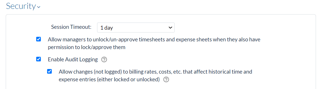 General security options including unlock/un‑approve, audit logging, and historical change control