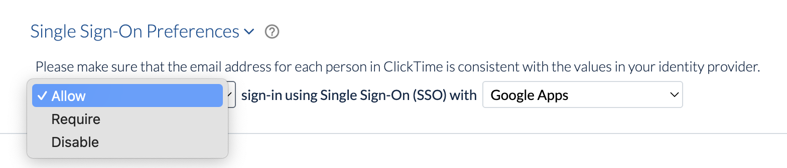 SSO preferences selector with Disable, Allow, Require