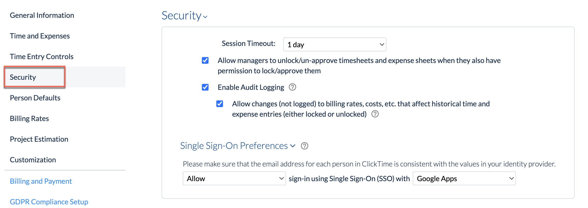 Security section in Company › Preferences showing timeout, audit logging, unlock/un‑approve, and SSO