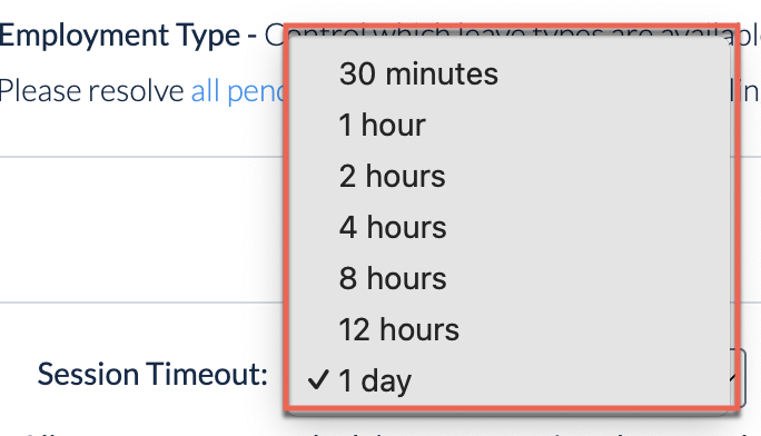 Session Timeout dropdown with durations from 30 minutes to 1 day