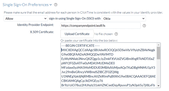 Certificate paste/upload field for SSO