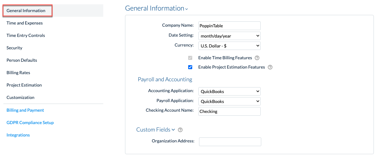 General Information section in Company › Preferences