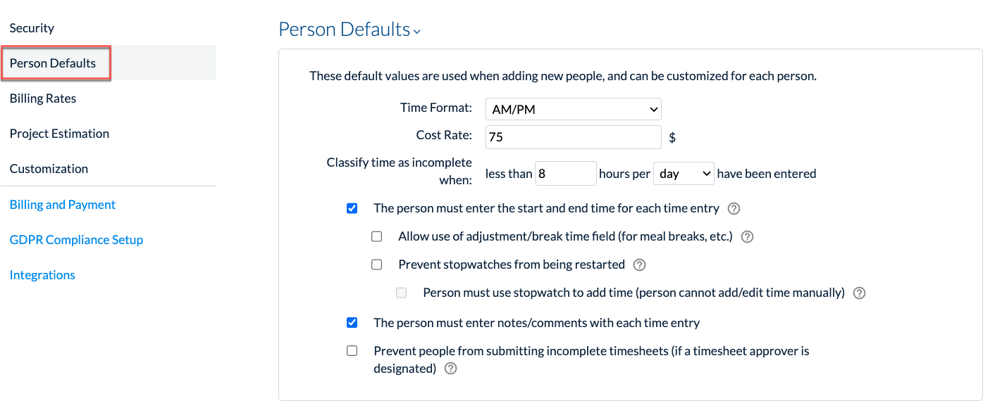 Person Defaults section in Company › Preferences showing time format, cost rate, expected hours, and requirements