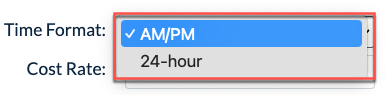 Time Format dropdown with AM/PM and 24‑hour options
