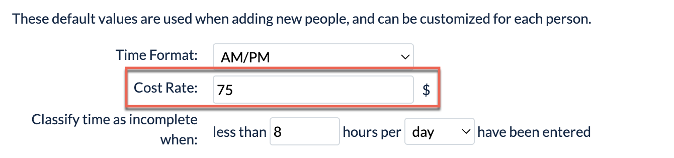 Default Cost Rate field on Person Defaults