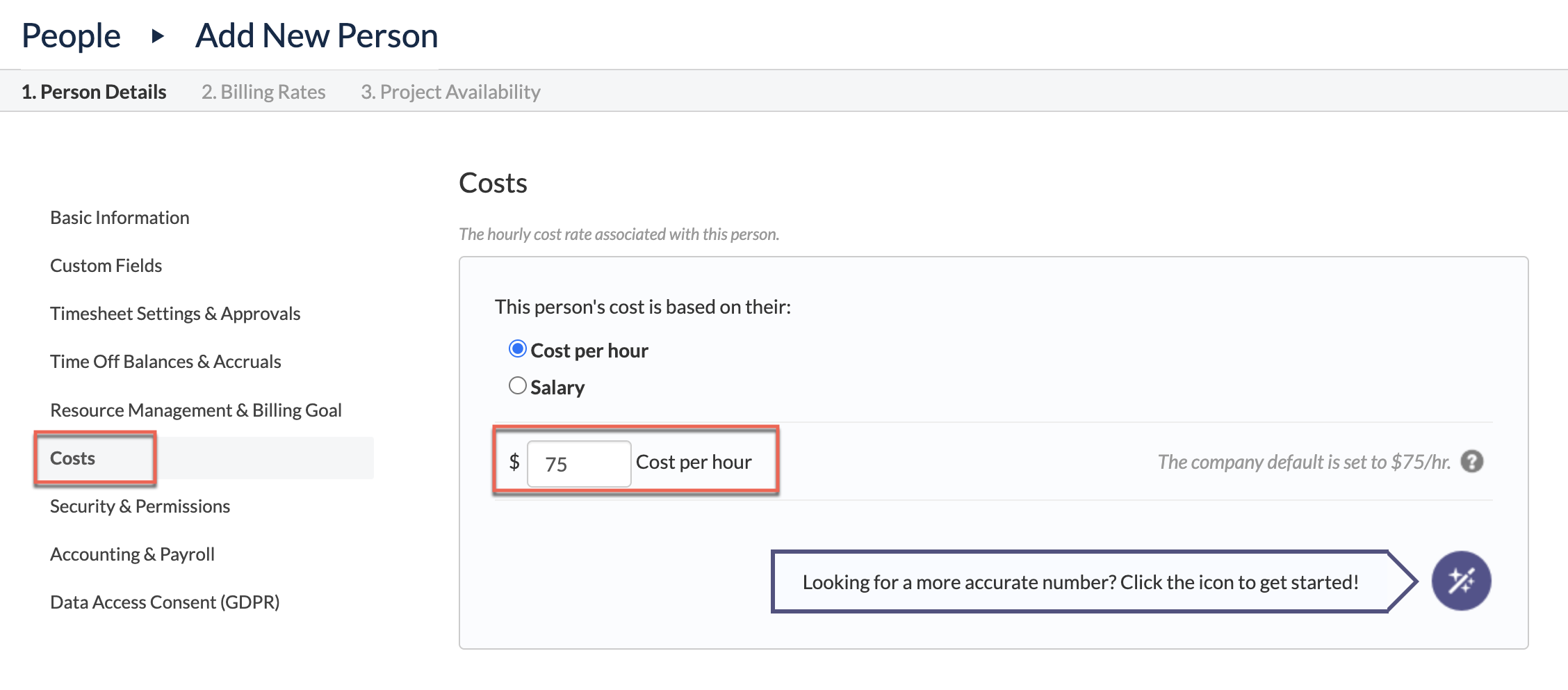 Editing a person’s Cost Rate on the Person Details page