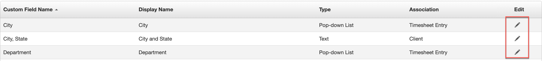 Edit icon on Custom Fields List