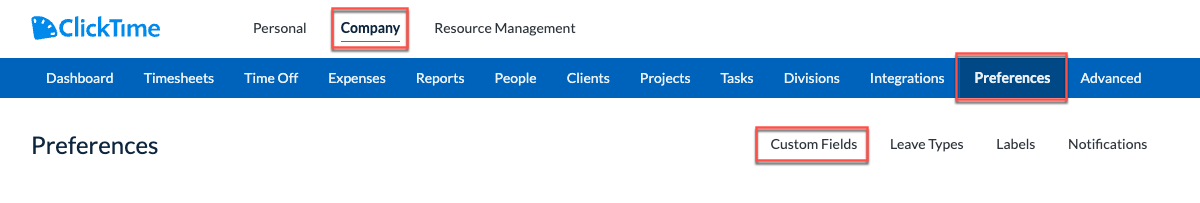 Custom Fields link on Company › Preferences