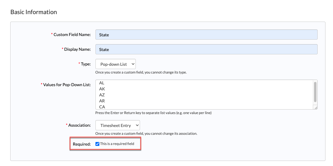 Custom Field detail page with Required toggle