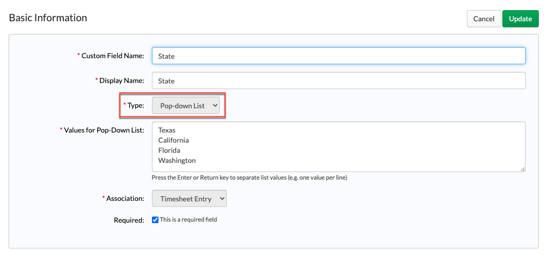 Pop-down list configuration