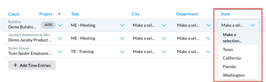 Pop-down field on Timesheet Entry