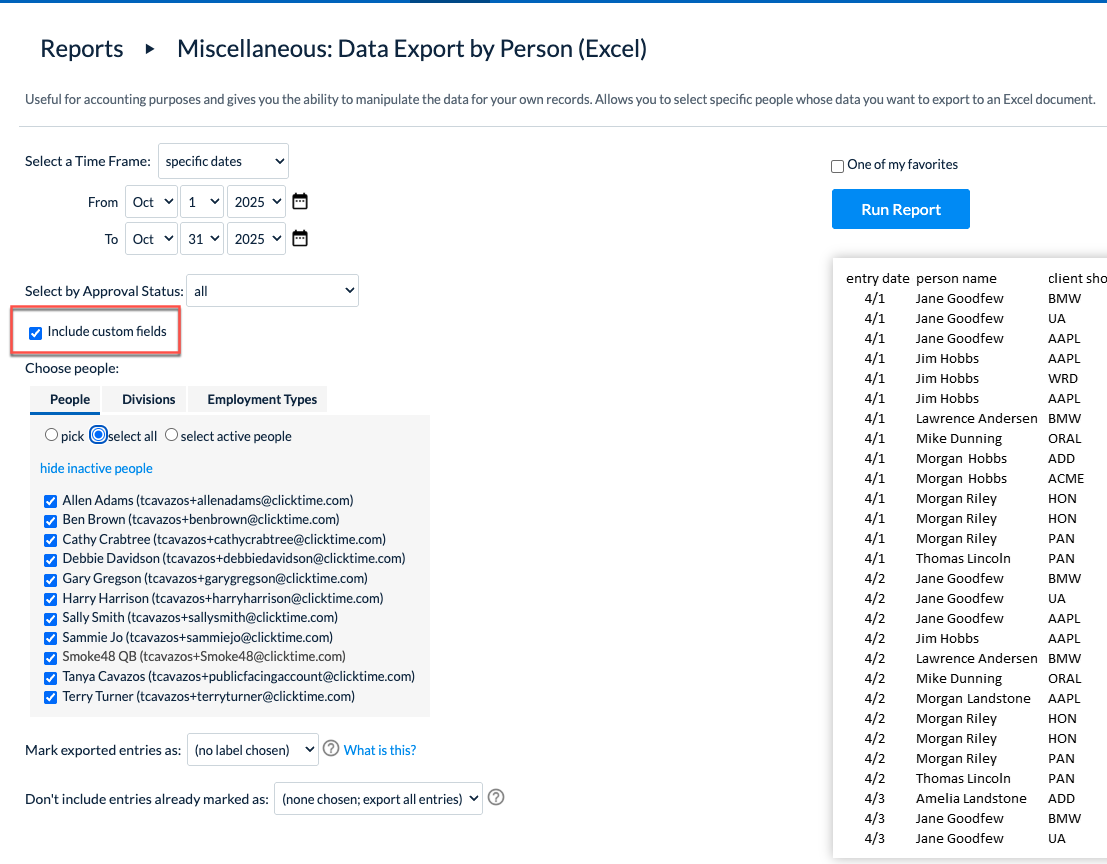 Export dialog with Include Custom Fields option