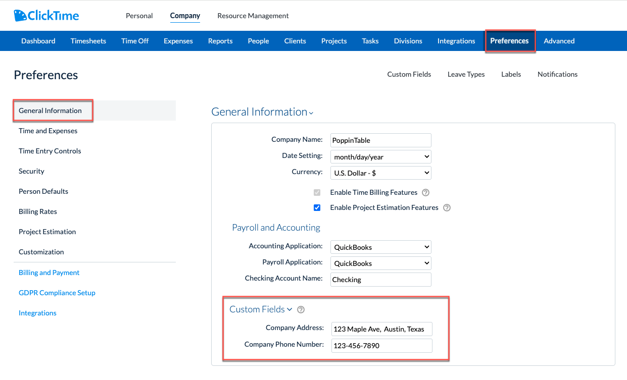 Custom Fields associated with Company Preferences