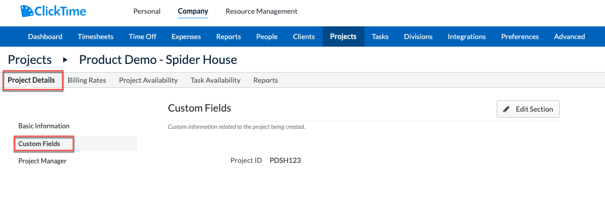 Custom Fields on a Project Detail page
