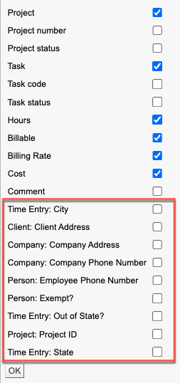 Example Custom Fields visible in the Report Builder field list