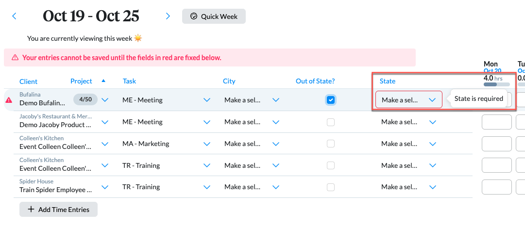 Time Entry required custom field highlighted in red with validation tooltip