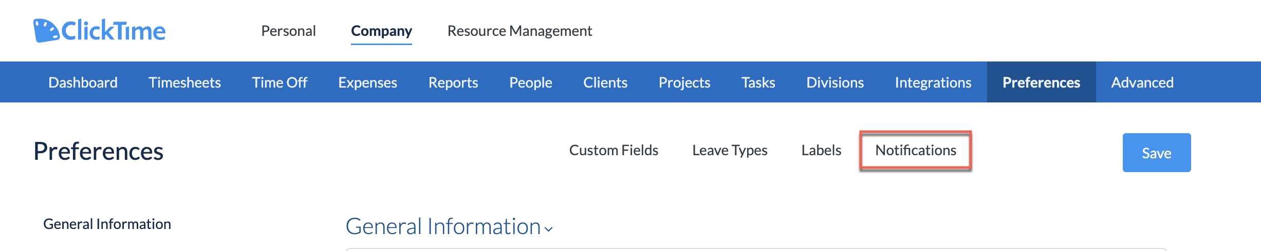 Notifications page showing the four reminder types and Save controls