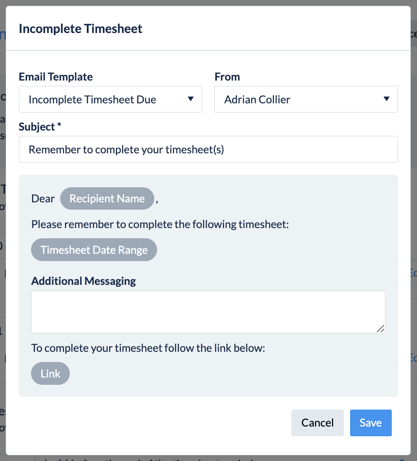 Email template preview for Incomplete Timesheet Due