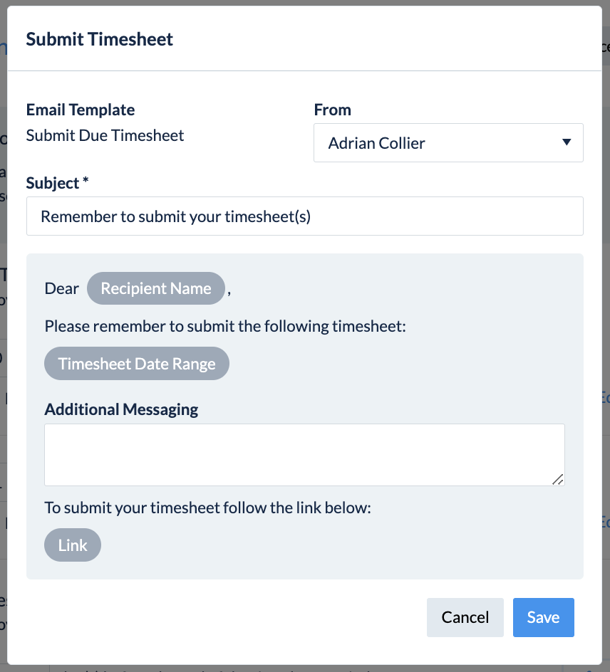 Email template preview for Submit Due Timesheet