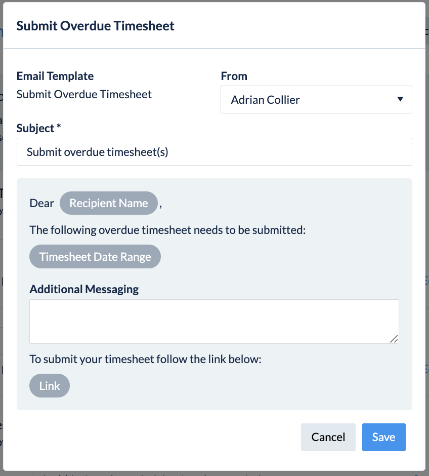Email template preview for Submit Overdue Timesheet