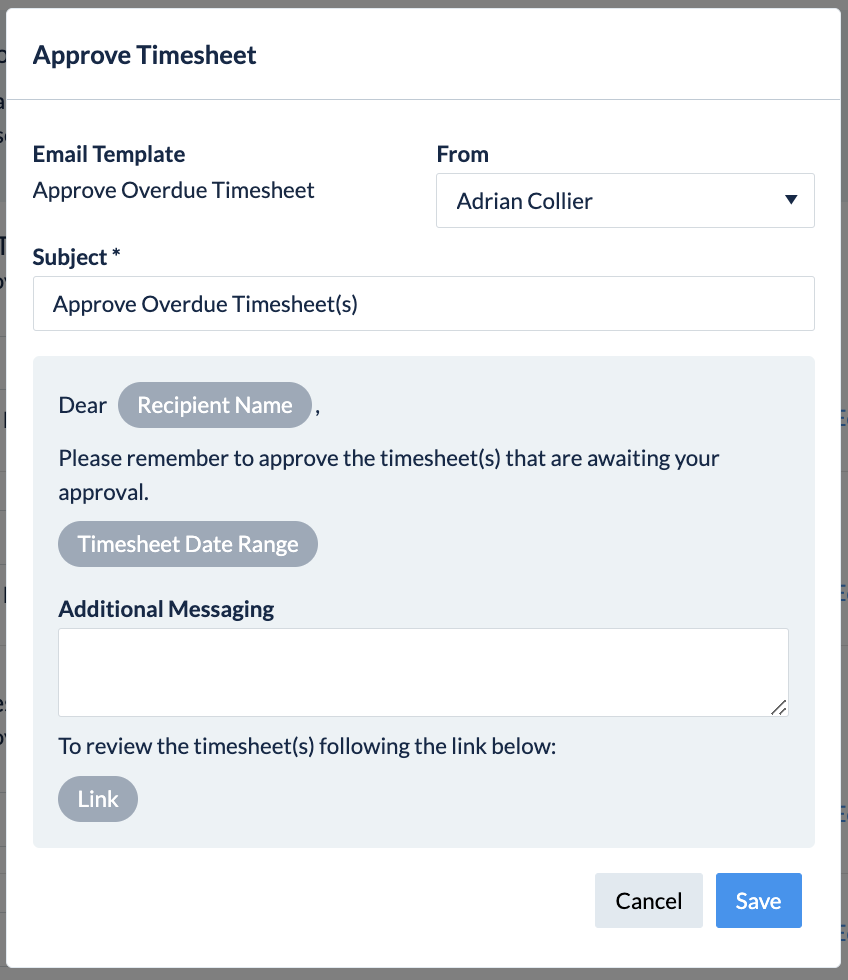 Email template preview for Approve Overdue Timesheet(s)