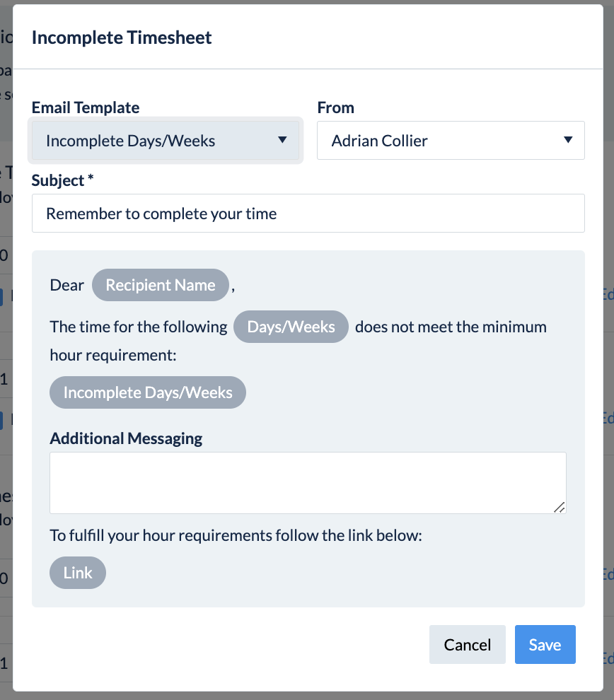 Edit Message dialog with template, sender, subject, and note fields