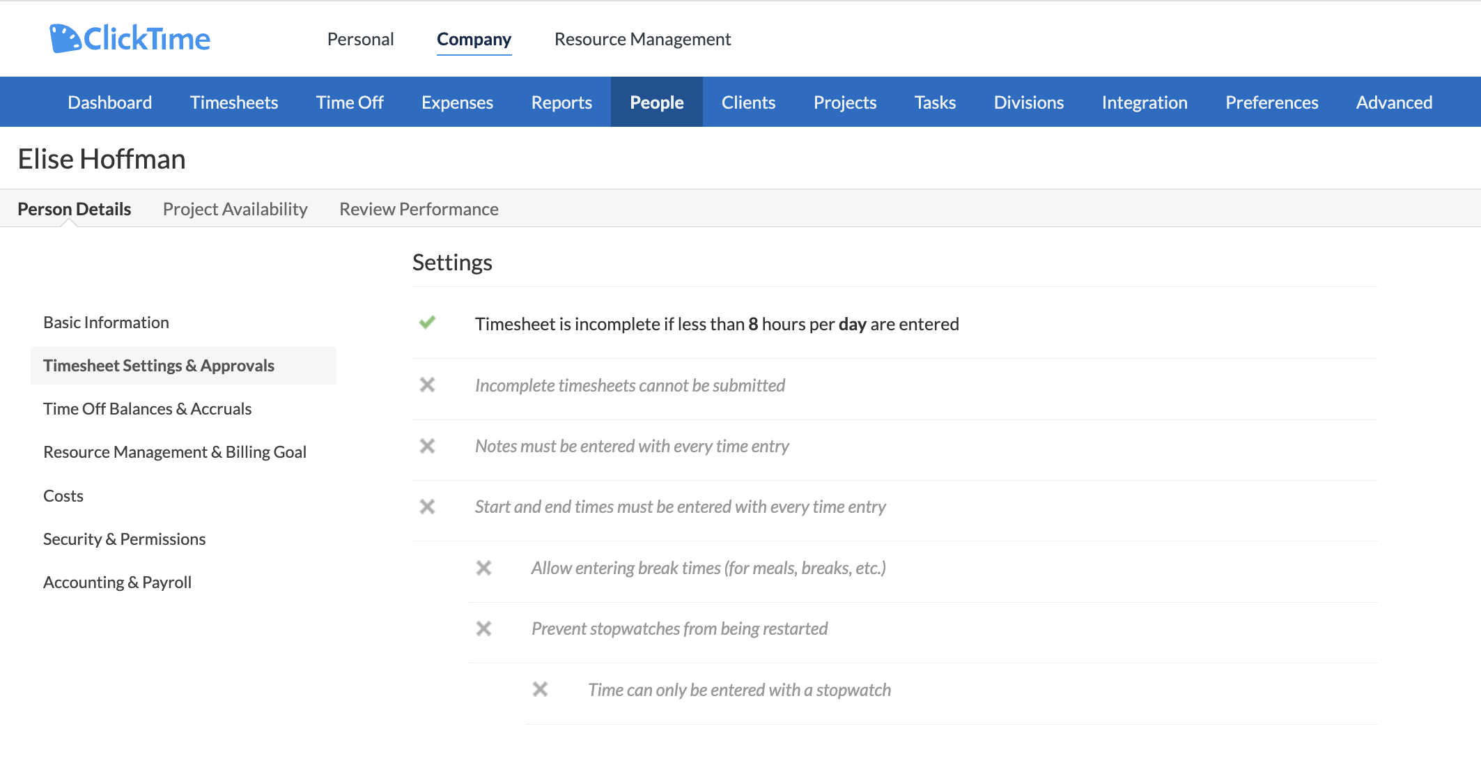 Person Details showing Incomplete Time Entry rule