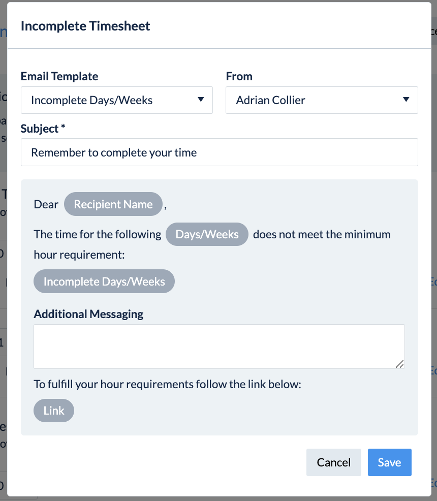 Email template preview for Incomplete Days/Weeks