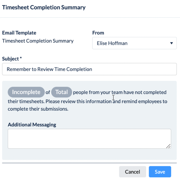 Email example of the Timesheet Completion Summary