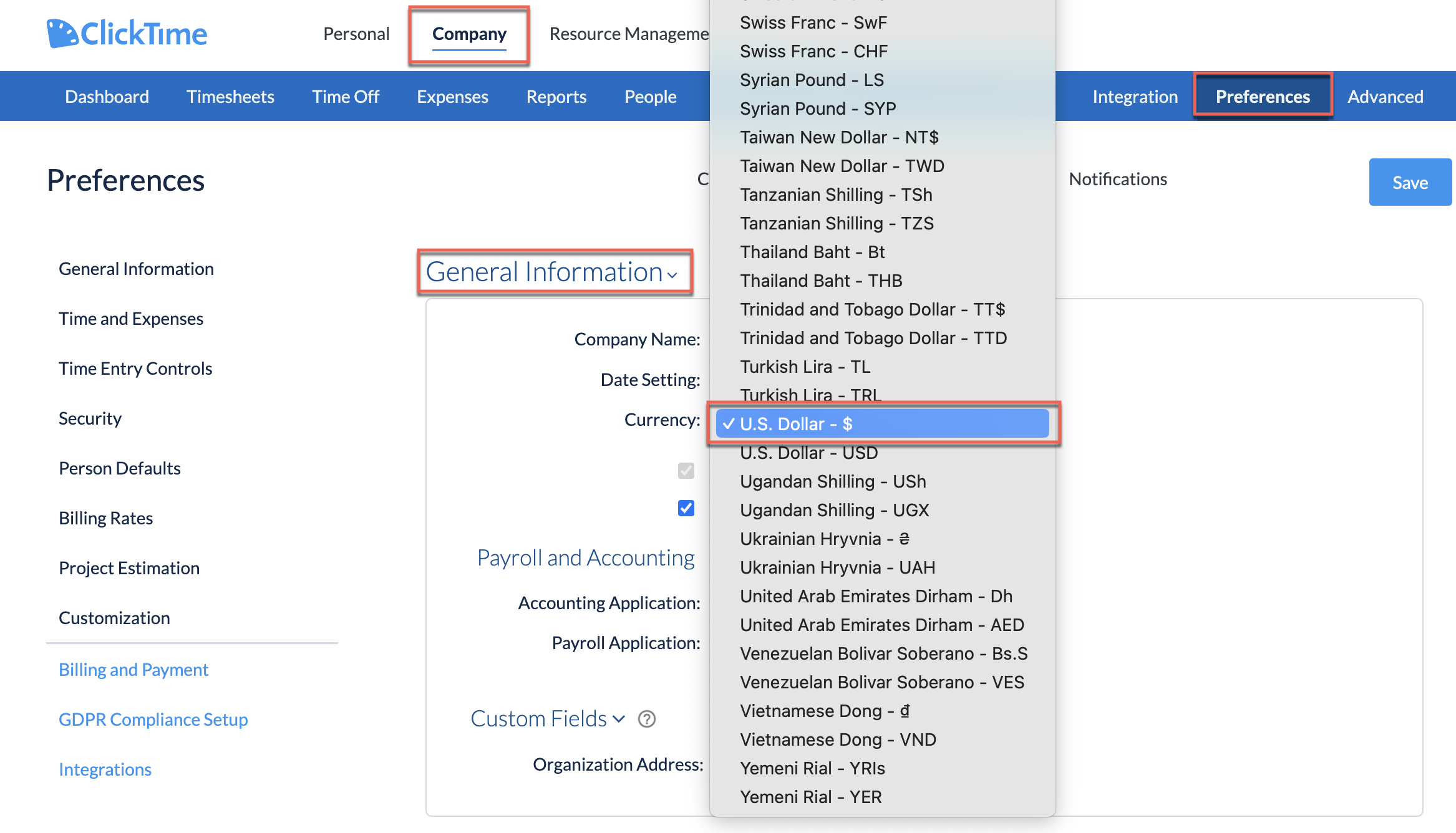 Currency selector in Company › Preferences