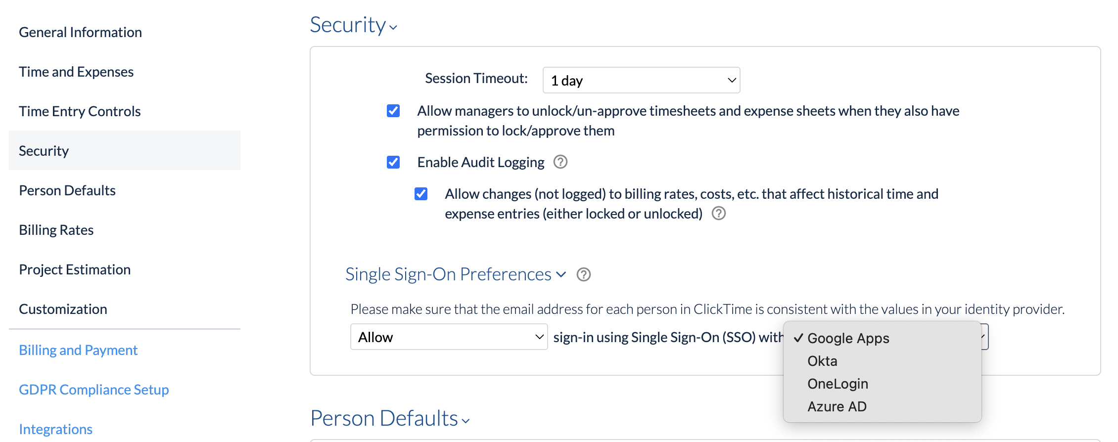 Security settings for SSO in ClickTime