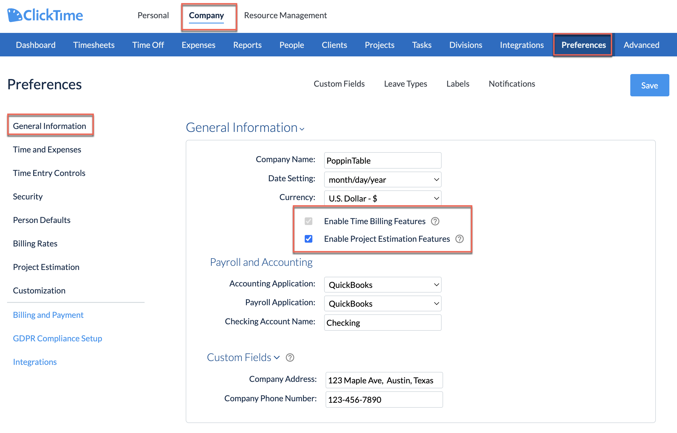 General Information page showing Project Estimation Features option