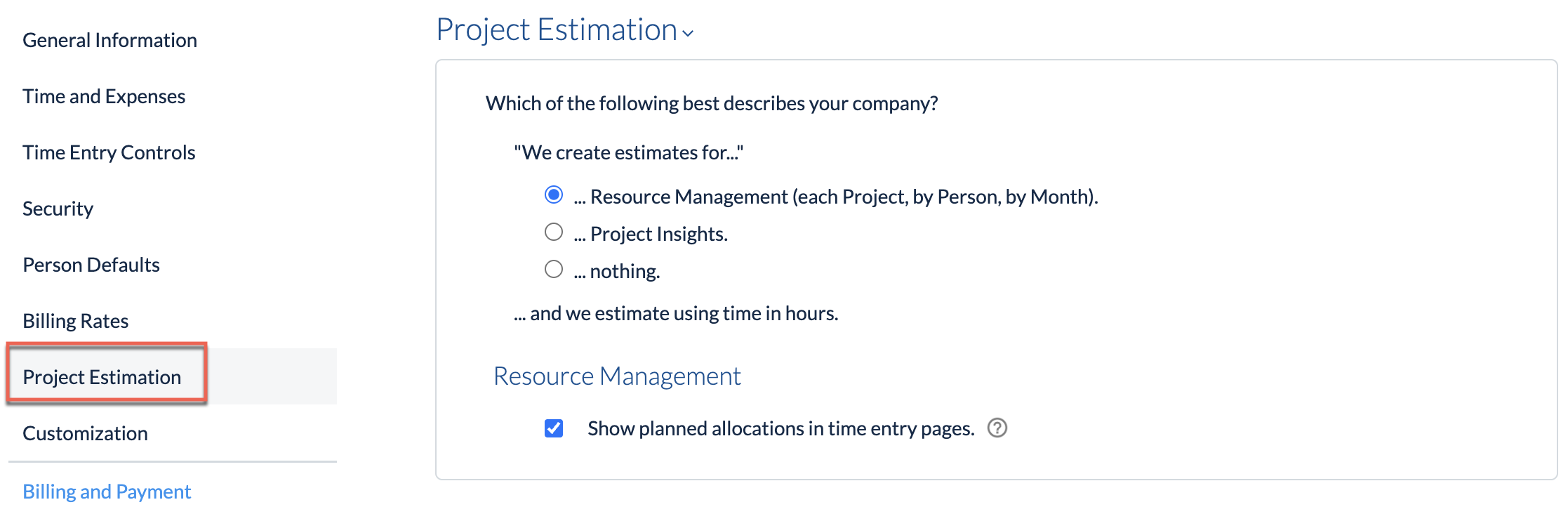 Project Estimation section in Company > Preferences