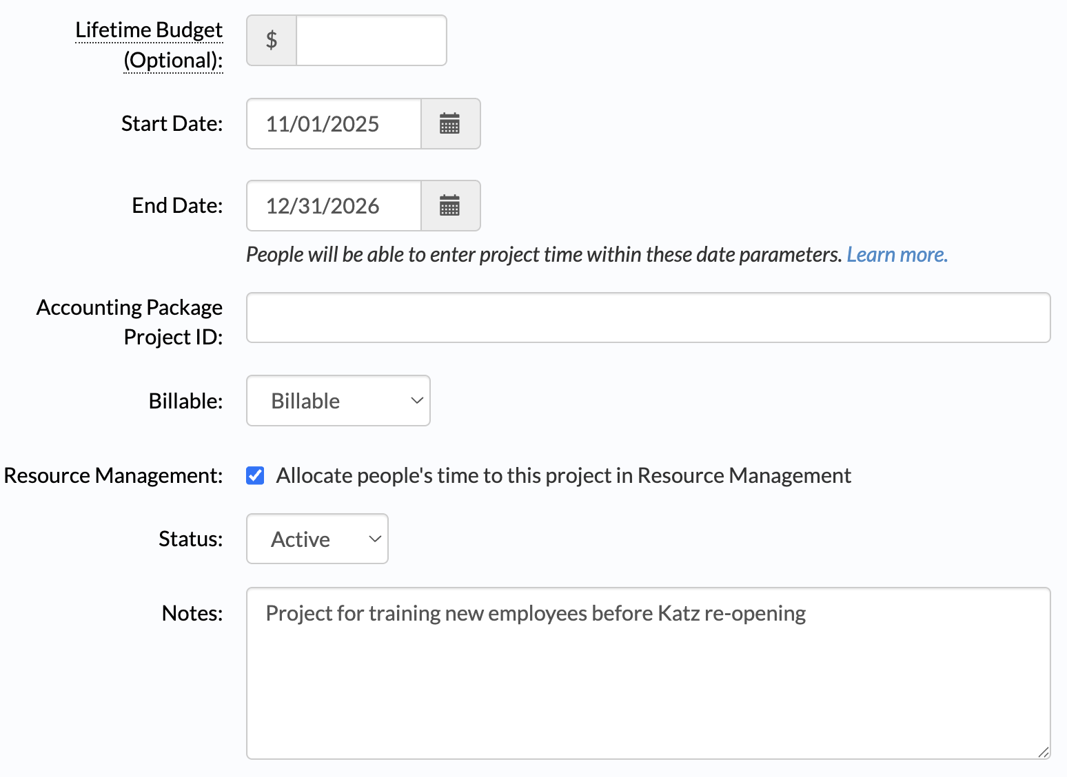 Project Details page showing Billable field