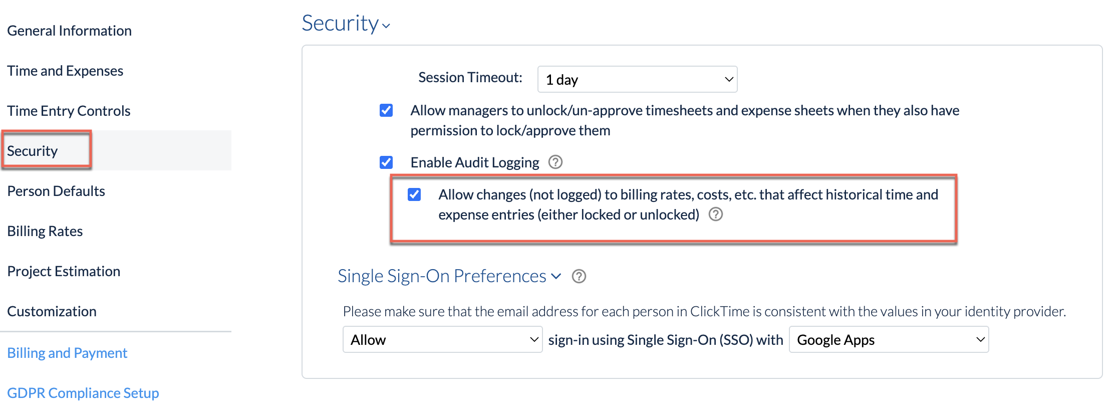 Security setting for allowing historical billing and cost rate changes
