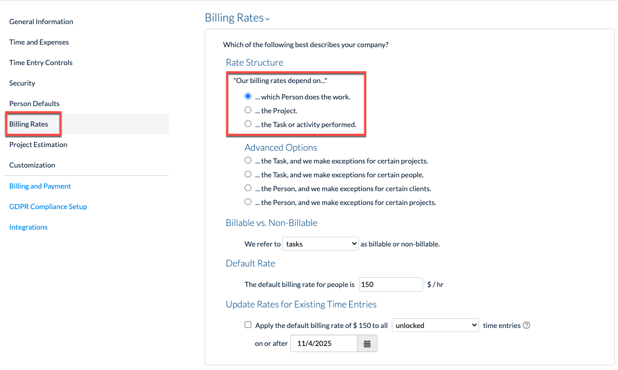 Billing Rates section in Company Preferences
