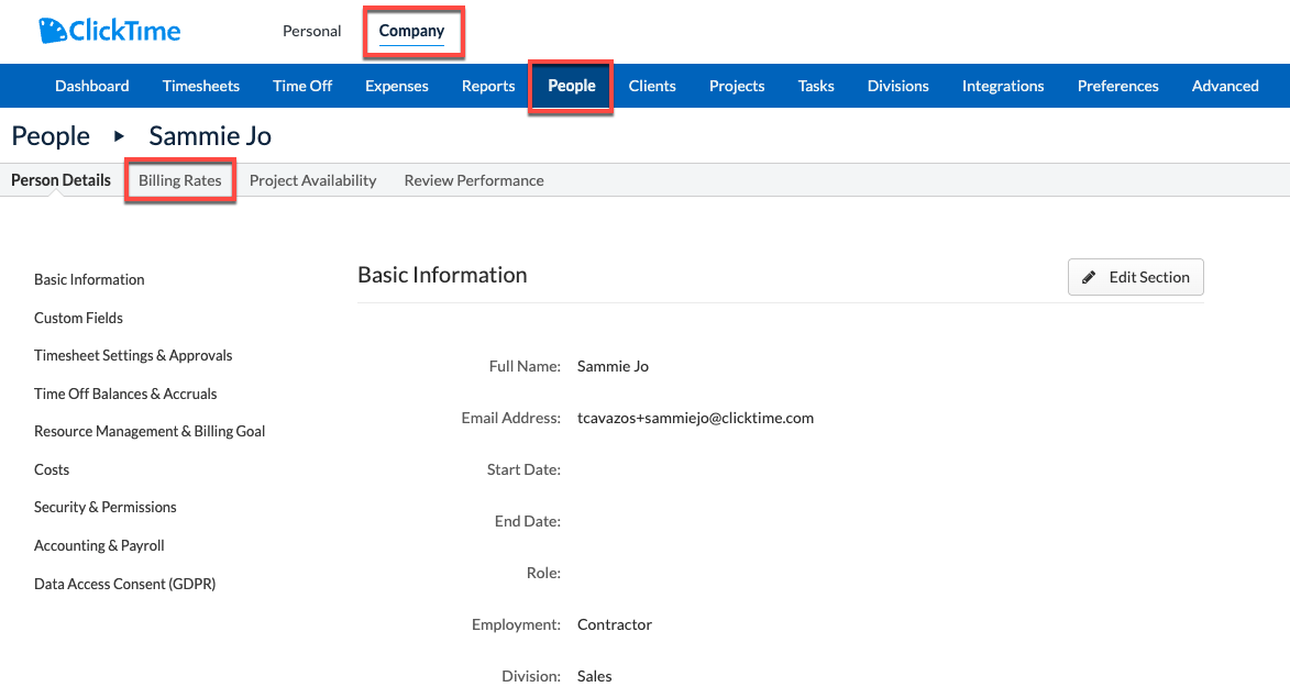 Billing Rates section on Person Details