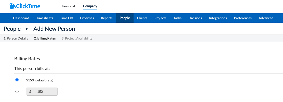 New Person dialog with Billing Rate options