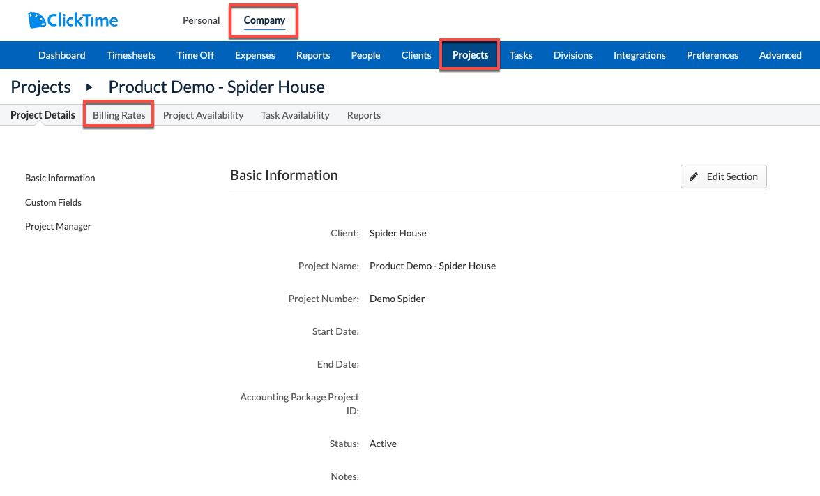 Billing Rates section on Project Details