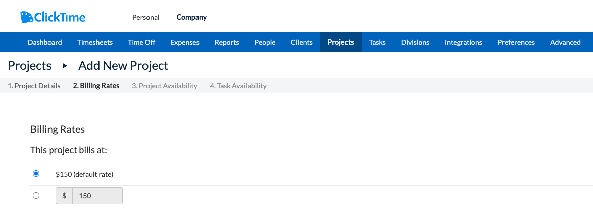New Project dialog with Billing Rate options