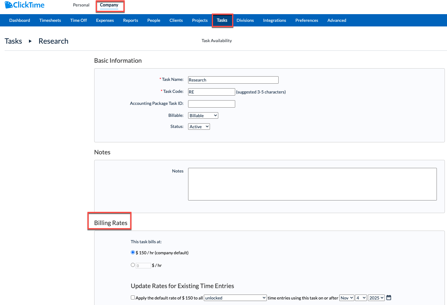 Billing Rate section on Task Details