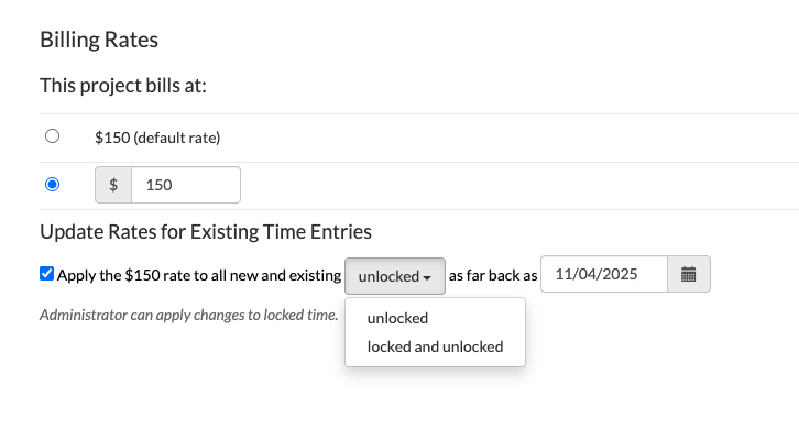 Apply Billing Rate changes to existing entries options
