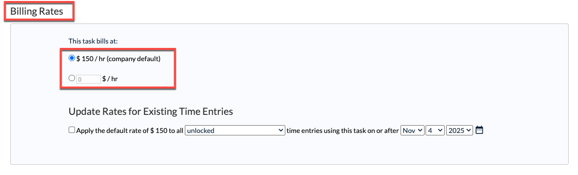 Editing a task's Billing Rate