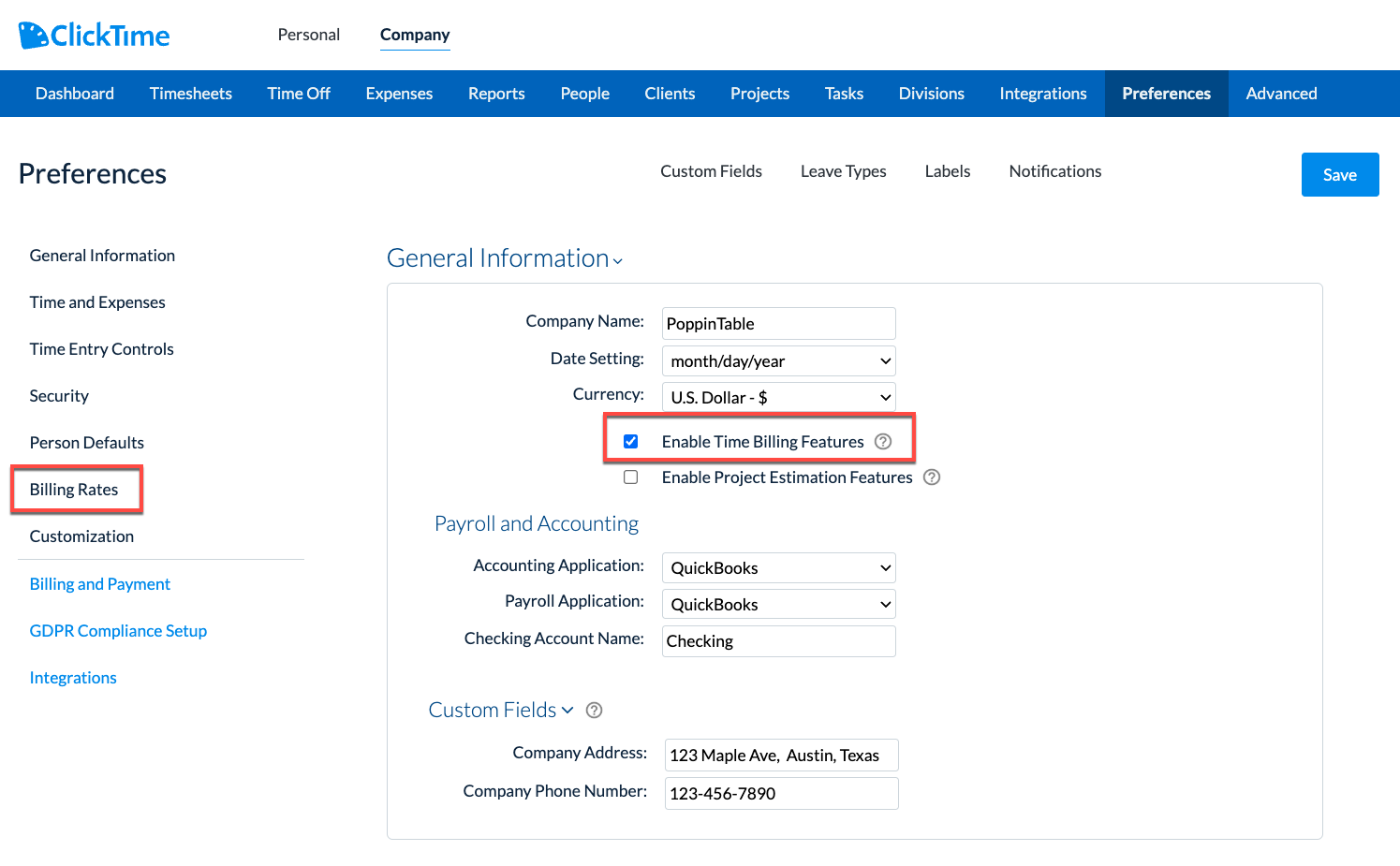Enable Time Billing Features in General Information