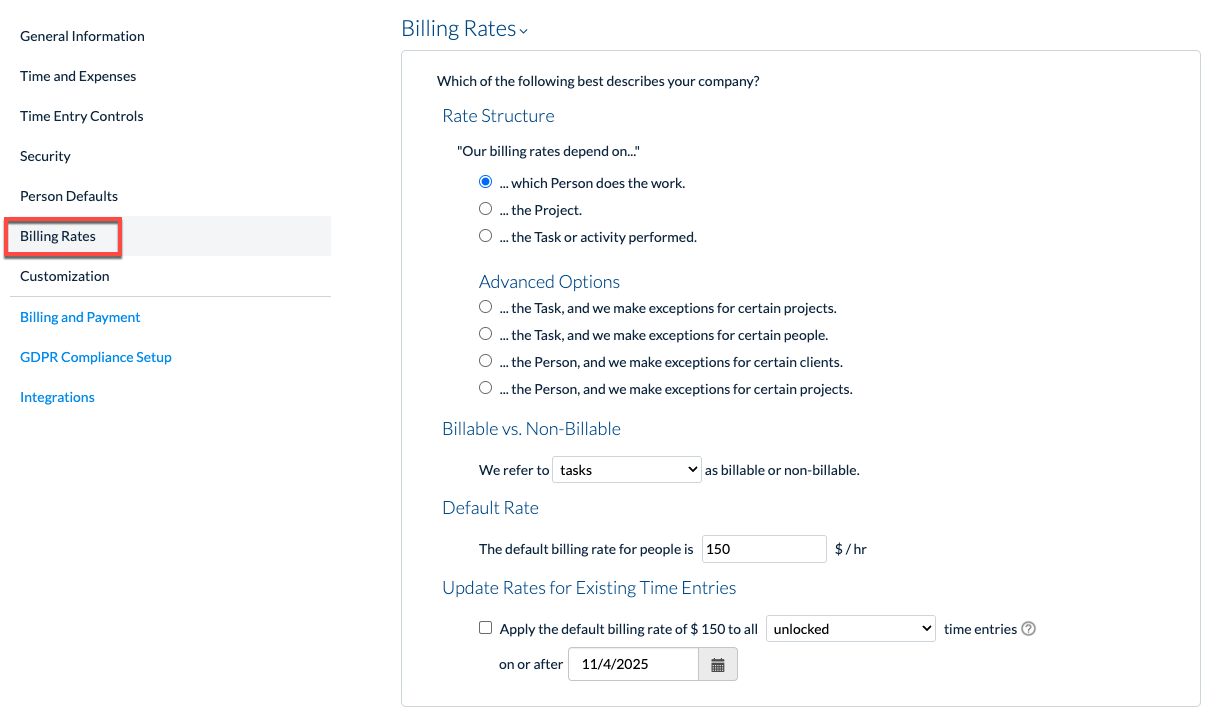 Billing Rates section showing Rate Structure, billable options, and Default Billing Rate