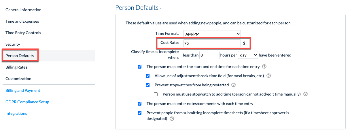 Default Cost Rate field in Person Defaults