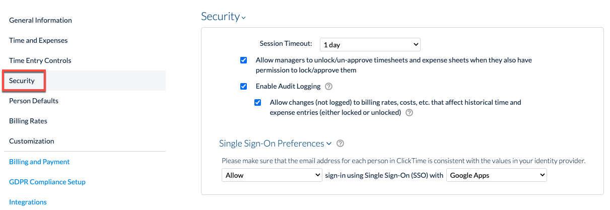 Security setting allowing historical billing and cost rate changes